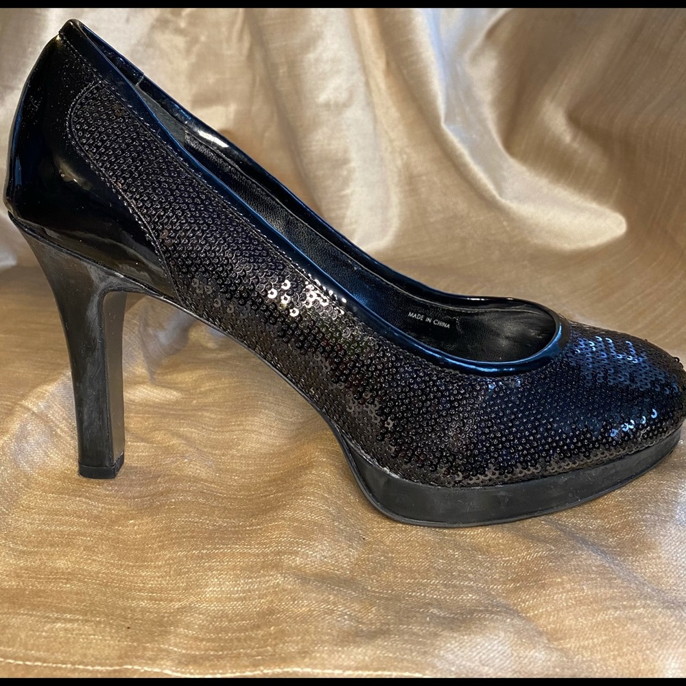 Tahari Black Sequined Platform Pumps